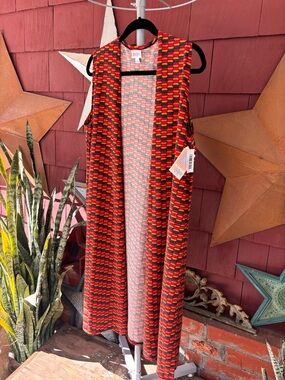 NWT Lularoe Joy Red Multicolored  Long Duster Vest Women’s Size L